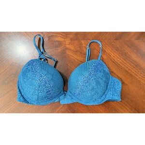 Victoria's‎ Secret Teal Blue Push-Up Bra 34B Lace Rhinestone Bling Strappy Sexy